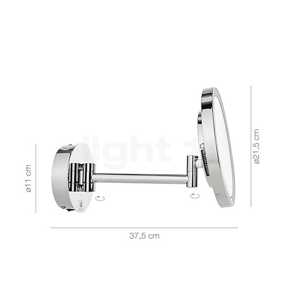 Measurements of the Decor Walther Just Look Wall-Mounted Cosmetic Mirror LED with direct mains connection white matt - enlargement 7-fold in detail: height, width, depth and diameter of the individual parts.