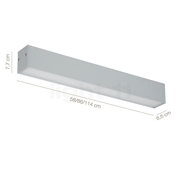 Målene for Delta Light B-Liner Loftlampe LED aluminiumgrå, 114 cm: De enkelte komponenters højde, bredde, dybde og diameter.