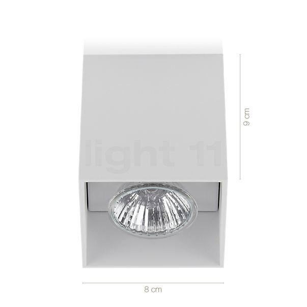 Dimensions du luminaire Delta Light Boxy blanc en détail - hauteur, largeur, profondeur et diamètre de chaque composant.