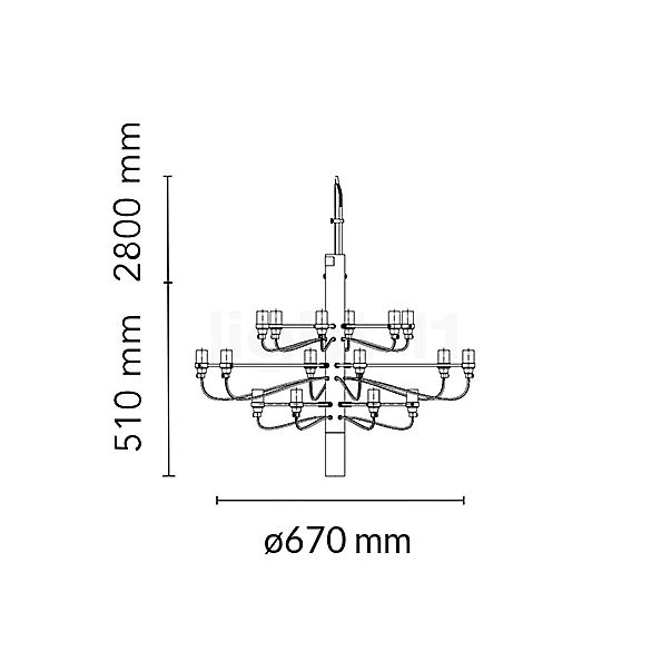 Flos 2097-18, incluido LED bombilla negro mate - incl. 18x sin bombilla mate - alzado con dimensiones