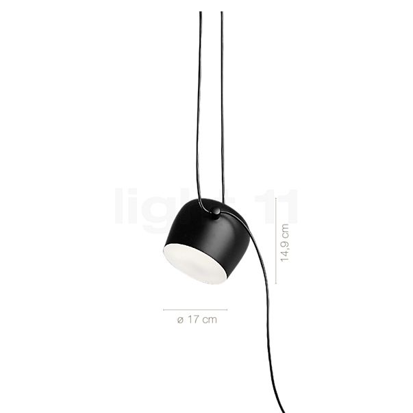 Die Abmessungen der Flos Aim Small Sospensione LED schwarz - B-Ware - leichte Gebrauchsspuren - voll funktionsfähig im Detail: Höhe, Breite, Tiefe und Durchmesser der einzelnen Bestandteile.