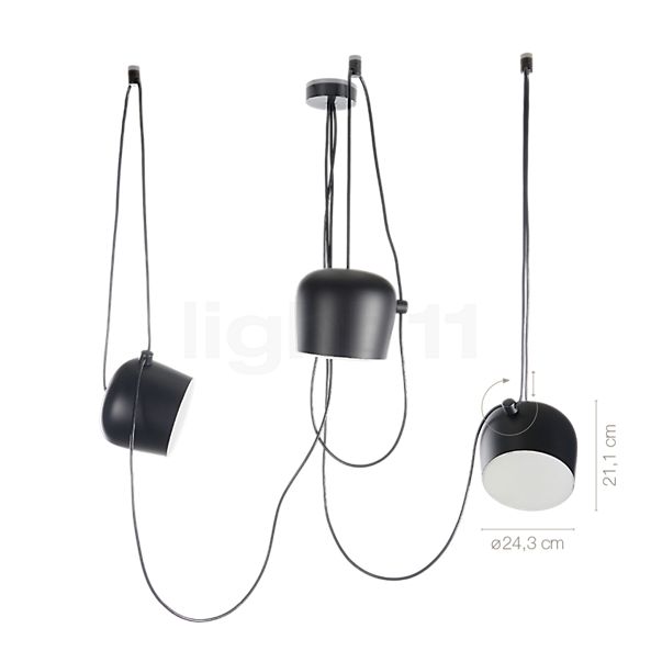 Measurements of the Flos Aim Sospensione LED 3 Lamps black - B-goods - original box damaged - mint condition in detail: height, width, depth and diameter of the individual parts.