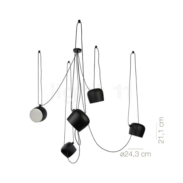 Målene for Flos Aim Sospensione LED 5-flamme sort: De enkelte komponenters højde, bredde, dybde og diameter.