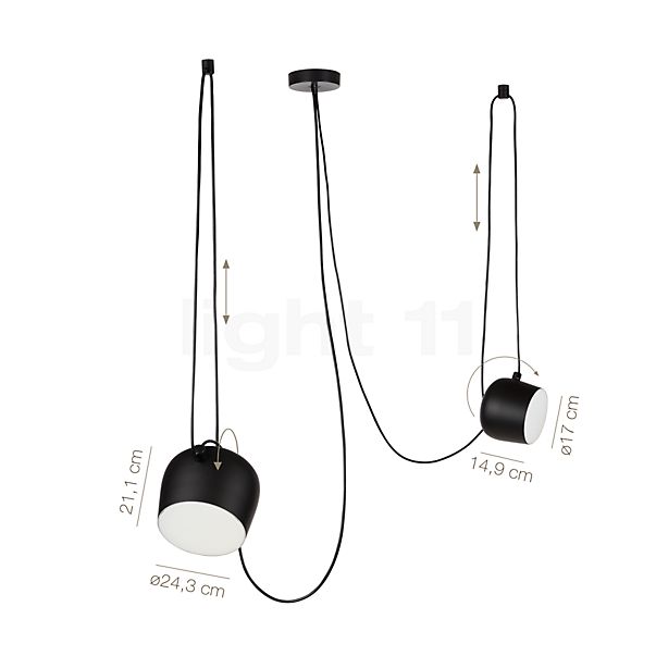 Measurements of the Flos Aim and Aim Small Mix LED 2 Lamps  - B-goods - original box damaged - mint condition in detail: height, width, depth and diameter of the individual parts.