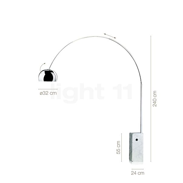 Dimensions du luminaire Flos Arco blanc en détail - hauteur, largeur, profondeur et diamètre de chaque composant.