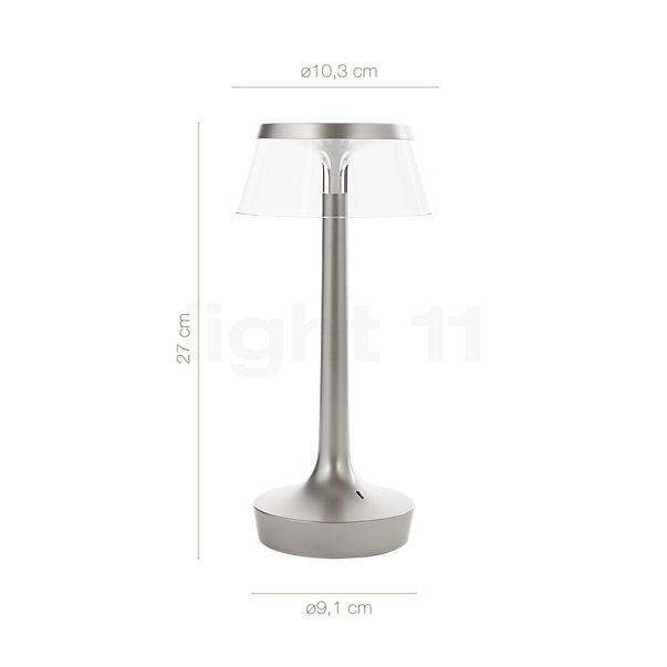Measurements of the Flos Bon Jour Unplugged Battery Light LED body chrome matt/crown transparent in detail: height, width, depth and diameter of the individual parts.