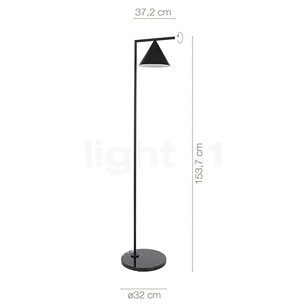 Dimensions du luminaire Flos Captain Flint LED noir en détail - hauteur, largeur, profondeur et diamètre de chaque composant.