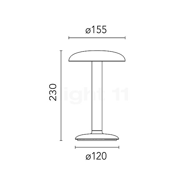 Flos Gustave, lámpara recargable LED aluminio rústico - alzado con dimensiones