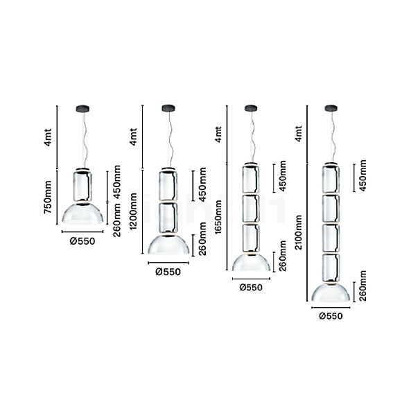 Flos Noctambule Low Cylinders & Bowl, lámpara de suspensión LED S4 - alzado con dimensiones