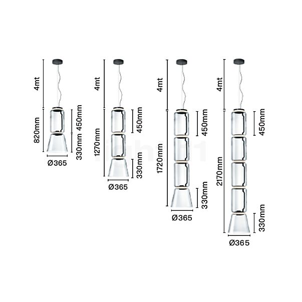 Flos Noctambule Low Cylinders & Cone, lámpara de suspensión LED S4 - alzado con dimensiones