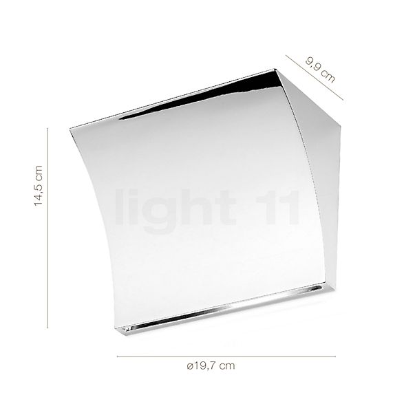 Målene for Flos Pochette Up-Down LED hvid skinnende: De enkelte komponenters højde, bredde, dybde og diameter.
