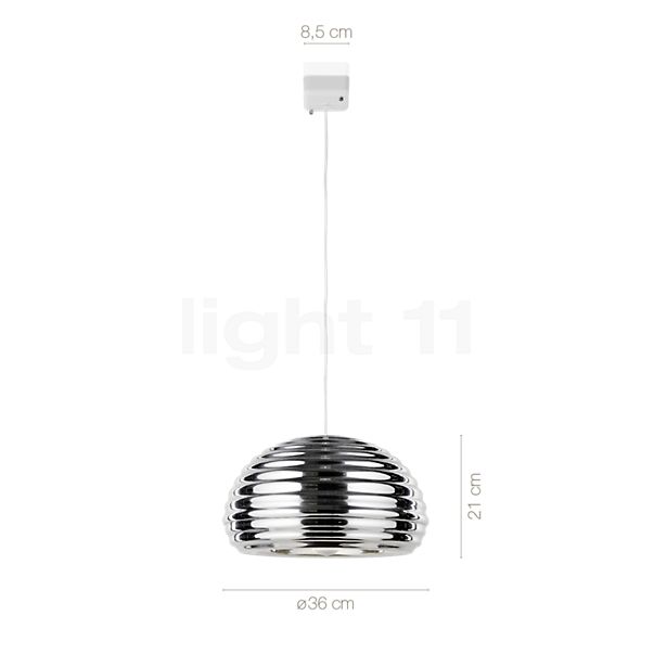 Dimensions du luminaire Flos Splügen Bräu aluminium poli en détail - hauteur, largeur, profondeur et diamètre de chaque composant.