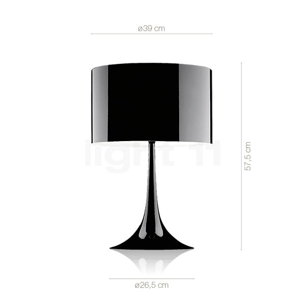 Measurements of the Flos Spunlight Table Lamp black - 57,5 cm in detail: height, width, depth and diameter of the individual parts.