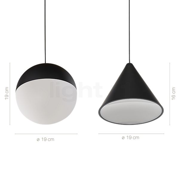 Dimensions du luminaire Flos String Light LED 2 foyers en détail - hauteur, largeur, profondeur et diamètre de chaque composant.