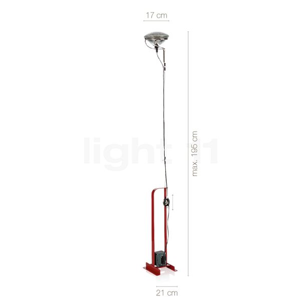 Measurements of the Flos Toio Floor Lamp LED red - 2,500 K in detail: height, width, depth and diameter of the individual parts.