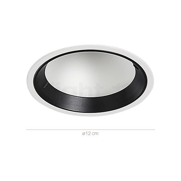 Die Abmessungen der Flos Wan Downlight LED Deckeneinbauleuchte weiß im Detail: Höhe, Breite, Tiefe und Durchmesser der einzelnen Bestandteile.