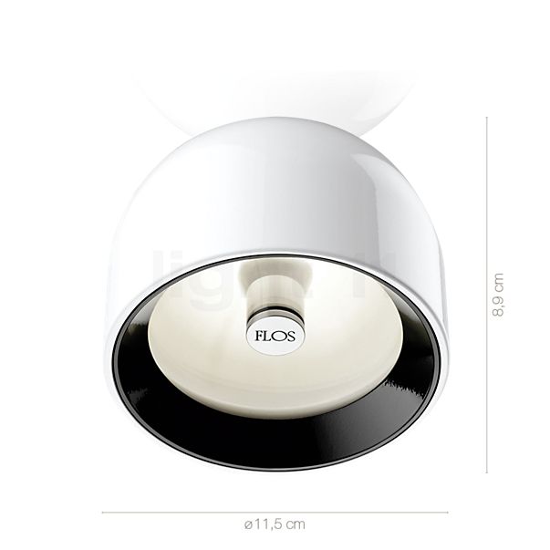 Målene for Flos Wan lofts-/væglampe hvid: De enkelte komponenters højde, bredde, dybde og diameter.