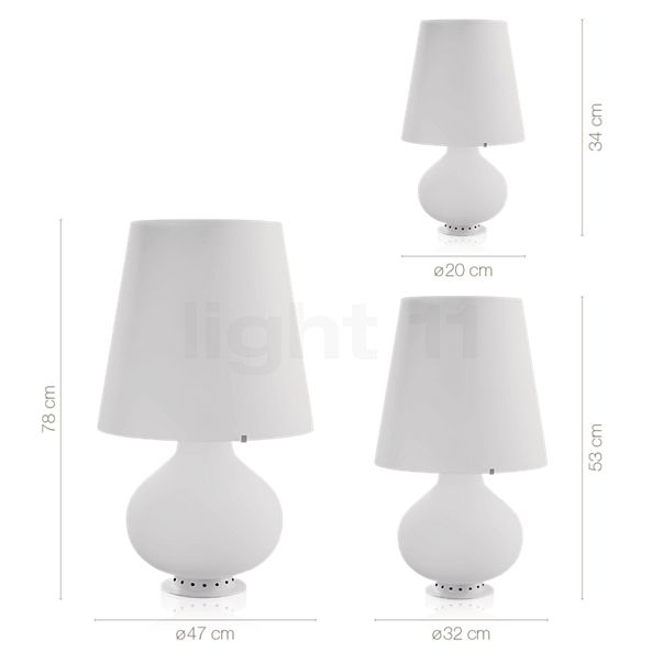Measurements of the Fontana Arte Fontana 1853 Table Lamp white - small in detail: height, width, depth and diameter of the individual parts.