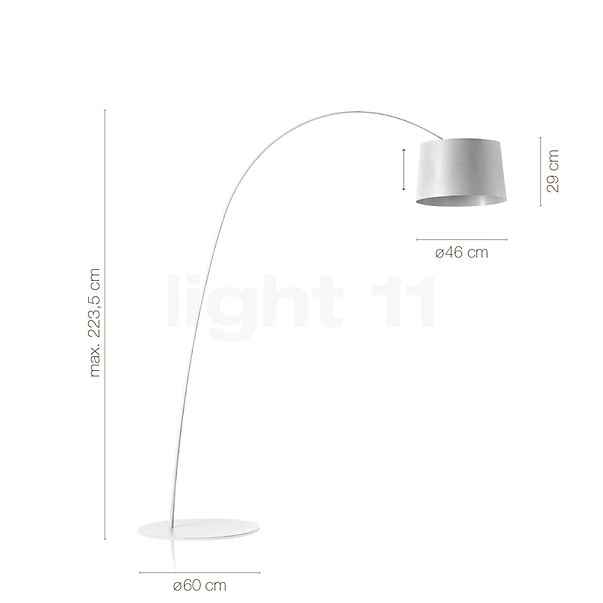 Die Abmessungen der Foscarini Twiggy Bogenleuchte LED greige - tunable white im Detail: Höhe, Breite, Tiefe und Durchmesser der einzelnen Bestandteile.