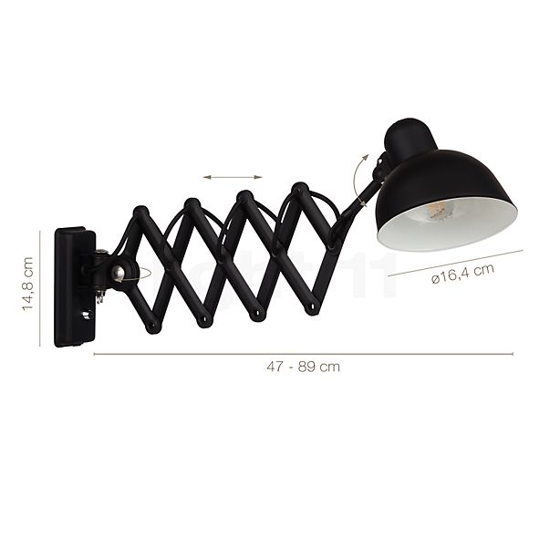 De afmetingen van de Fritz Hansen KAISER idell™ 6718-W Wandlamp zwart glanzend in detail: hoogte, breedte, diepte en diameter van de afzonderlijke onderdelen.
