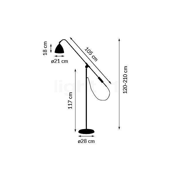Gubi BL4, lámpara de pie cromo/negro - alzado con dimensiones