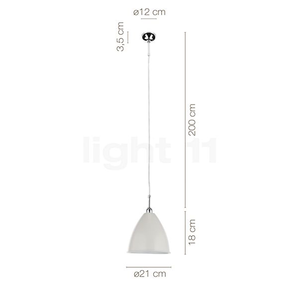 De afmetingen van de Gubi BL9 Hanglamp chroom/porselein - ø21 cm in detail: hoogte, breedte, diepte en diameter van de afzonderlijke onderdelen.