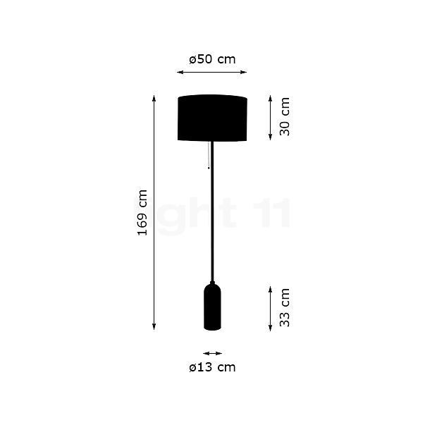 Gubi Gravity, lámpara de pie pantalla blanca/pie acero negro - alzado con dimensiones
