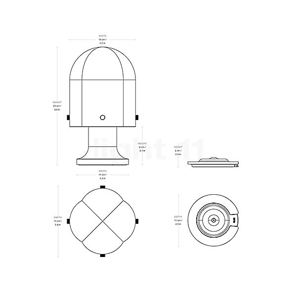 Gubi Seine, lámpara recargables latón/blanco - alzado con dimensiones