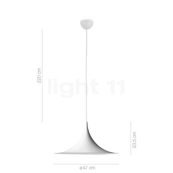 Målene for Gubi Semi Pendel hvid mat - ø47 cm: De enkelte komponenters højde, bredde, dybde og diameter.