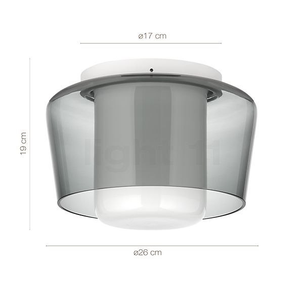 Målene for Helestra Canio Loftlampe transparent: De enkelte komponenters højde, bredde, dybde og diameter.