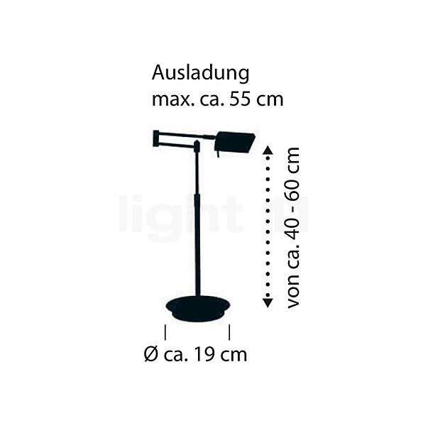 Hell Graz, lámpara de sobremesa LED latón mate - alzado con dimensiones