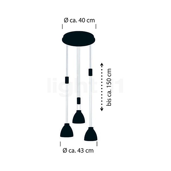 Hell Leni, lámpara de suspensión LED 3 focos - Cluster negro - alzado con dimensiones