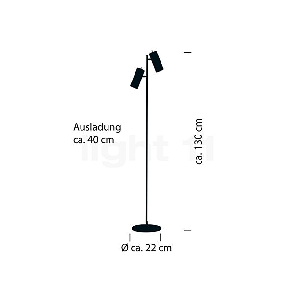 Hell Polo, lámpara de pie 2 focos - sin brazzo negro - alzado con dimensiones