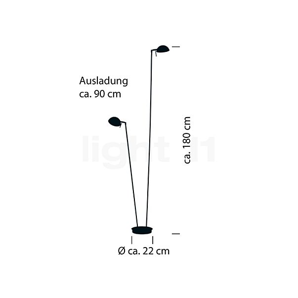Hell Samy, lámpara de pie LED 2 focos negro - 180 cm - alzado con dimensiones