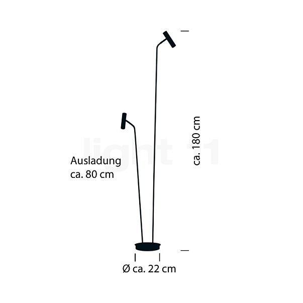 Hell Tom, lámpara de pie LED 2 focos negro - 180 cm - alzado con dimensiones
