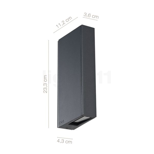 De afmetingen van de IP44.DE Gap Y LED antraciet in detail: hoogte, breedte, diepte en diameter van de afzonderlijke onderdelen.