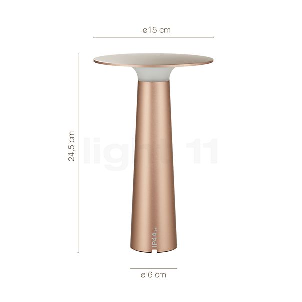 Målene for IP44.DE Lix Trådløs Lampe LED bronze: De enkelte komponenters højde, bredde, dybde og diameter.