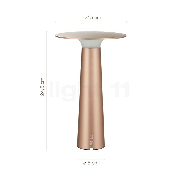 Die Abmessungen der IP44.de Lix Akkuleuchte LED bronze im Detail: Höhe, Breite, Tiefe und Durchmesser der einzelnen Bestandteile.