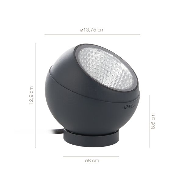 Measurements of the IP44.de Shot Connect Garden luminaire LED anthracite - 15 W , discontinued product in detail: height, width, depth and diameter of the individual parts.