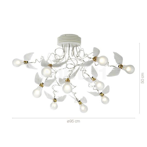 Dimensions du luminaire Ingo Maurer Birdie's Nest LED argenté en détail - hauteur, largeur, profondeur et diamètre de chaque composant.