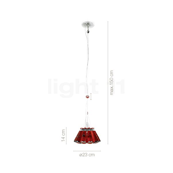 Measurements of the Ingo Maurer Campari Light 155 red in detail: height, width, depth and diameter of the individual parts.