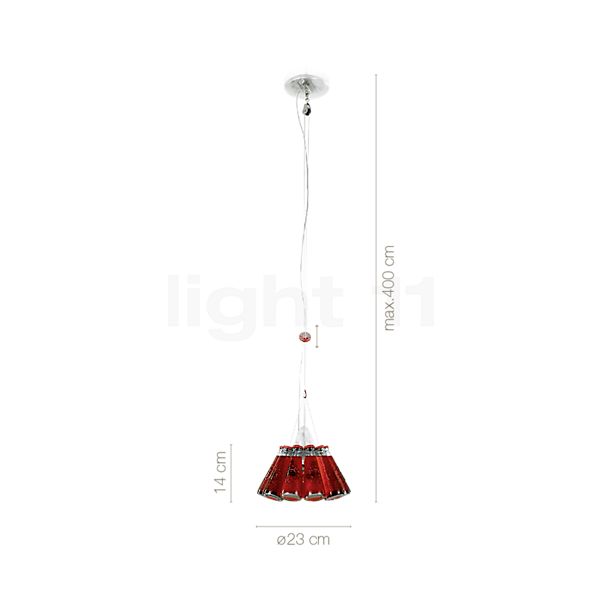 Die Abmessungen der Ingo Maurer Campari Light 400 rot im Detail: Höhe, Breite, Tiefe und Durchmesser der einzelnen Bestandteile.