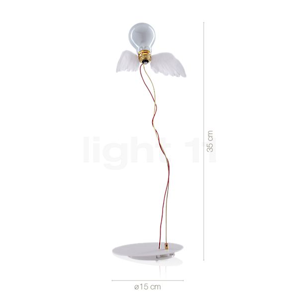 Dimensions du luminaire Ingo Maurer Lucellino Tavolo blanc en détail - hauteur, largeur, profondeur et diamètre de chaque composant.