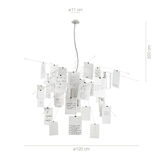 Dimensions du luminaire Ingo Maurer Zettel'z 5 blanc en détail - hauteur, largeur, profondeur et diamètre de chaque composant.