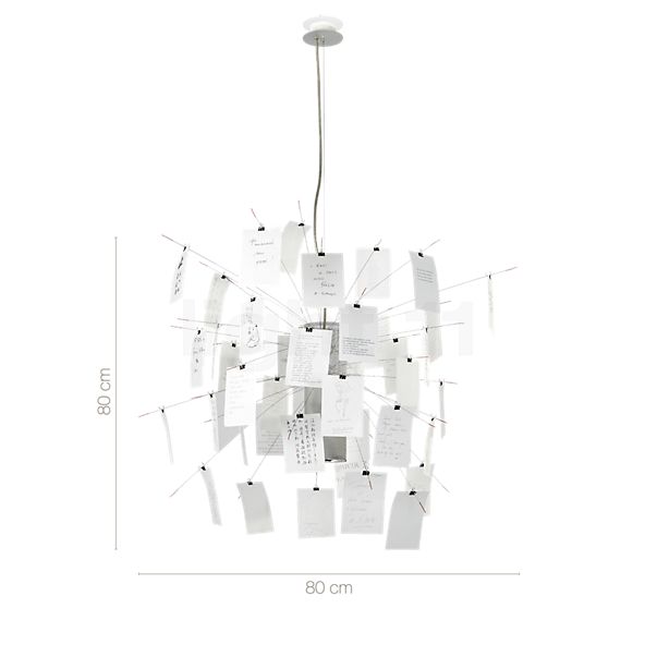 Dimensions du luminaire Ingo Maurer Zettel'z 6 blanc en détail - hauteur, largeur, profondeur et diamètre de chaque composant.