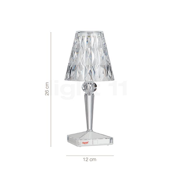 De afmetingen van de Kartell Battery LED helder in detail: hoogte, breedte, diepte en diameter van de afzonderlijke onderdelen.