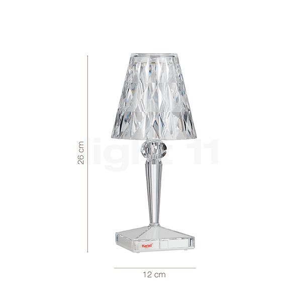 Measurements of the Kartell Battery LED transparent in detail: height, width, depth and diameter of the individual parts.