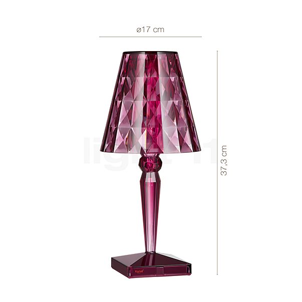 Measurements of the Kartell Big Battery Battery Light LED plum in detail: height, width, depth and diameter of the individual parts.