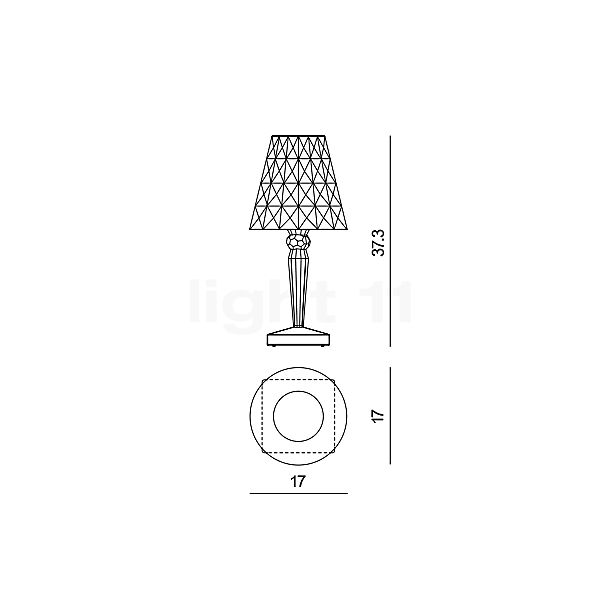 Kartell Big Battery, lámpara de sobremesa LED cristal transparente - alzado con dimensiones