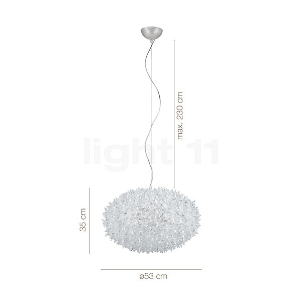 Measurements of the Kartell Bloom Medium pendant light lavender in detail: height, width, depth and diameter of the individual parts.